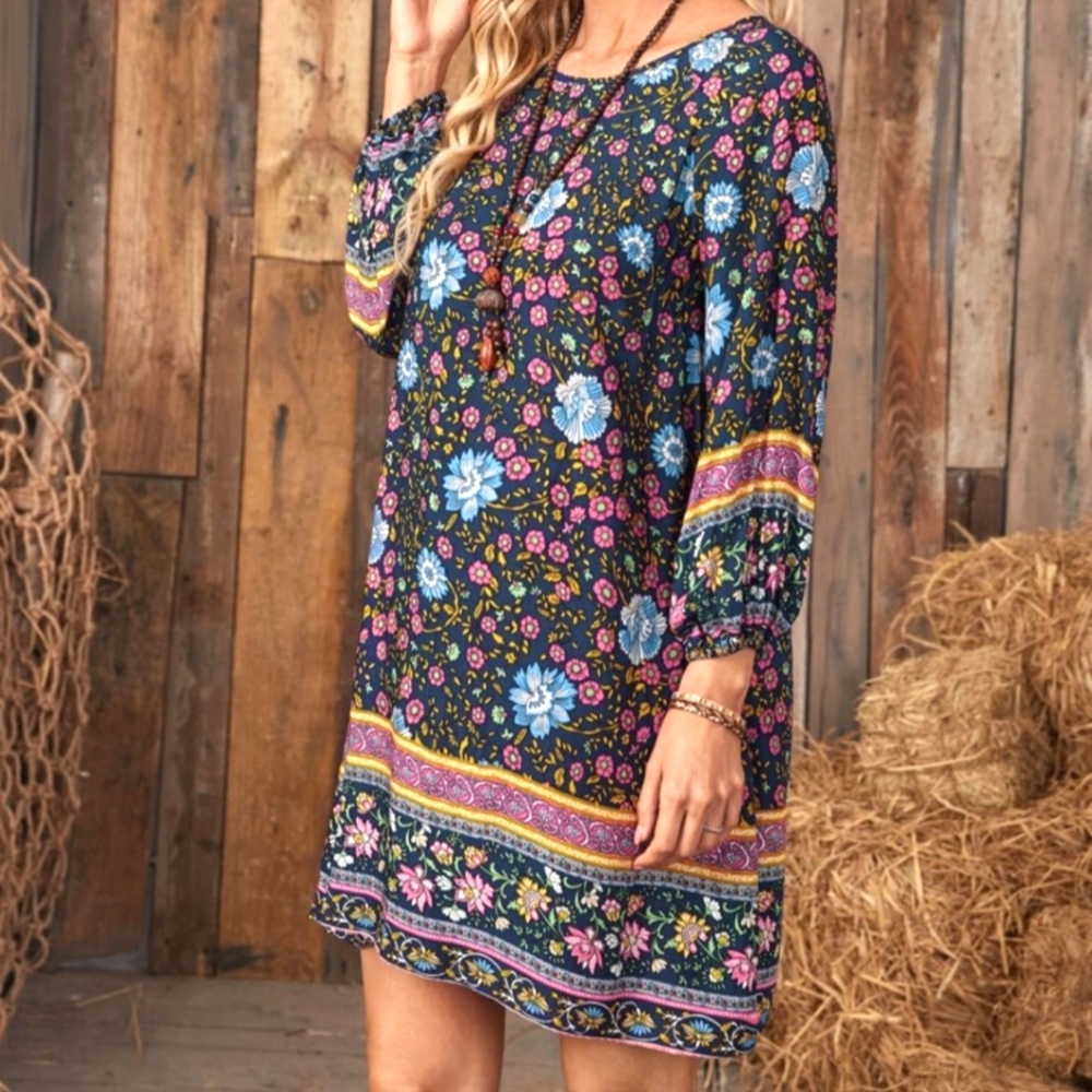 NEW Shift Dress Floral Print Pullover 3/4 Sleeve with Elastic Emery Rose Large - Picture 4 of 7